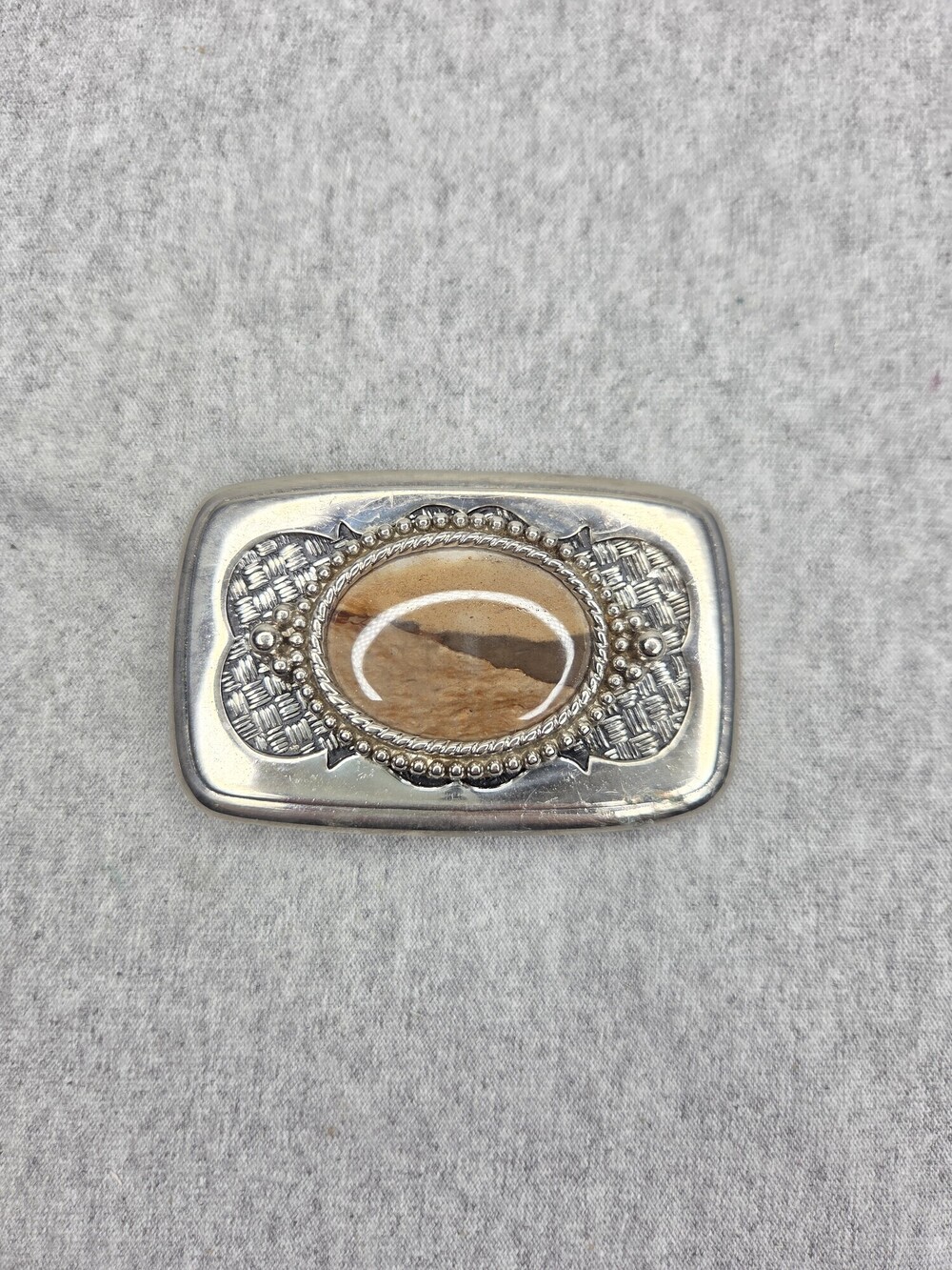 Womens Vintage Picture Jasper Cabochon Silvertone Belt Buckle Ornate Rectangular